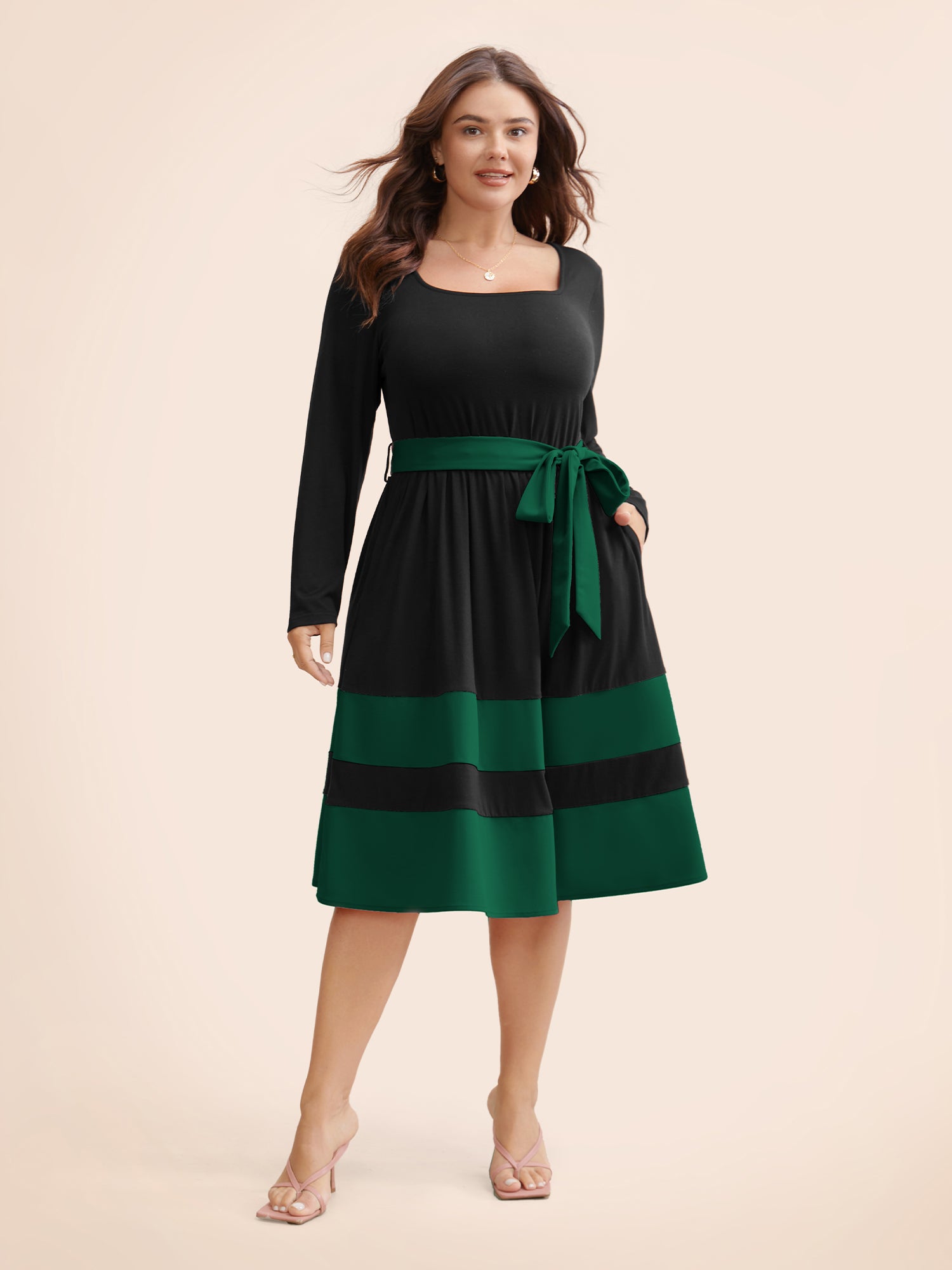 Two Tone Belted Bowknot Square Neck Dress
