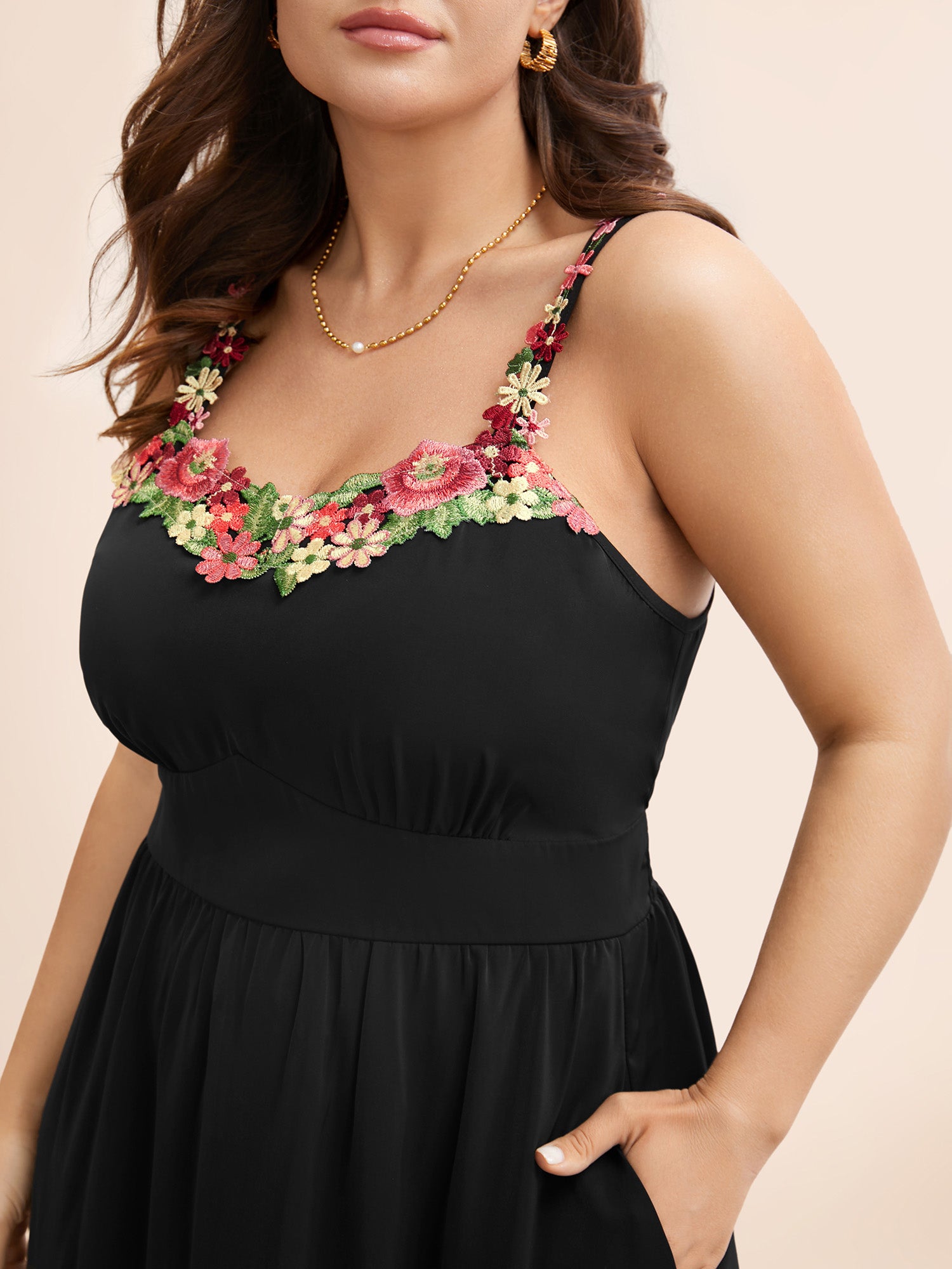 Floral Woven Ribbon Heart Neckline Cami Dress