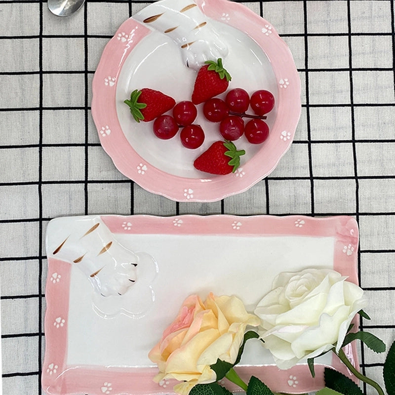 Cute Round Square Cat Claws Porcelain Plate 1 Piece