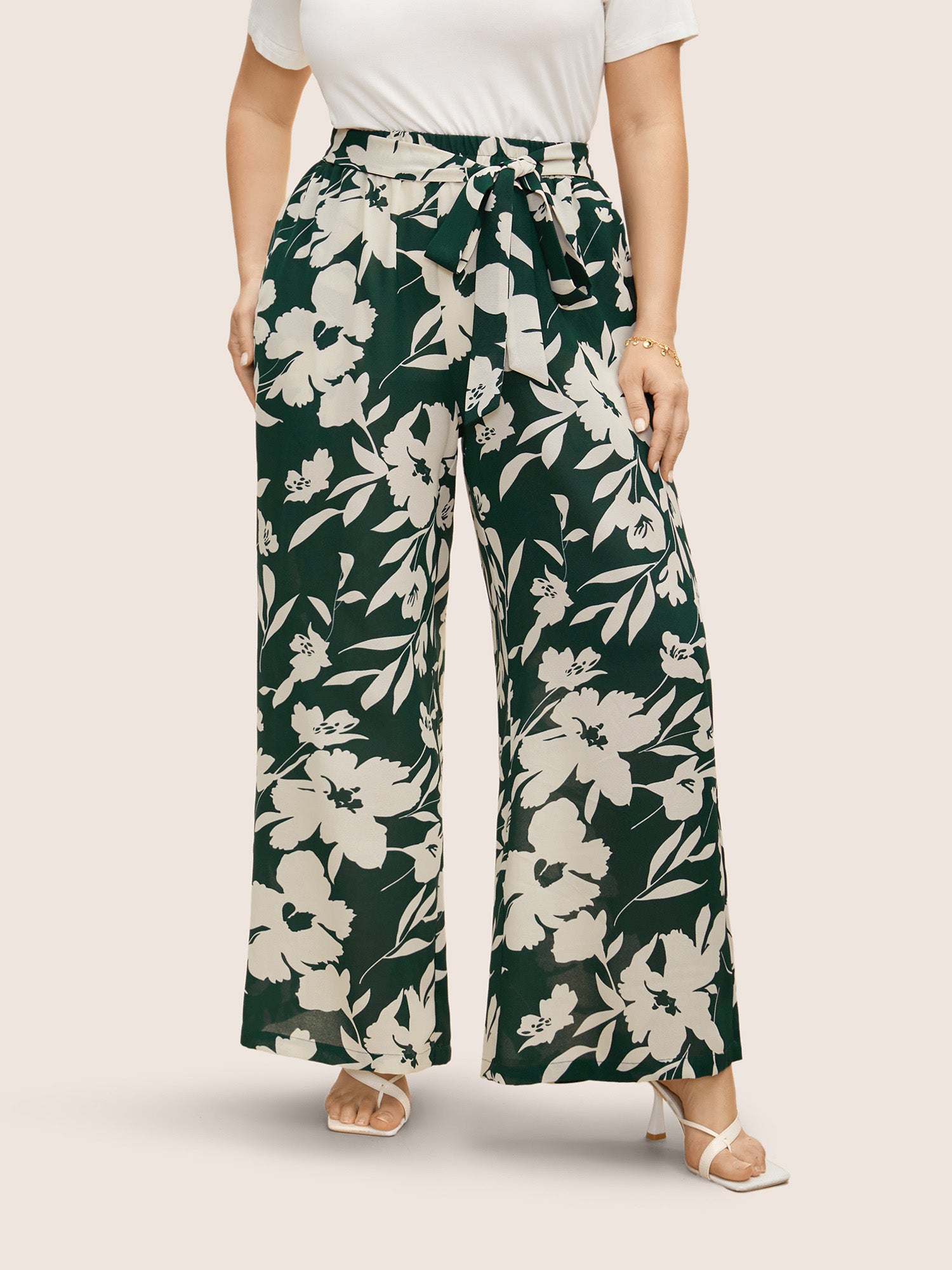 Silhouette Floral Print Ties Side Seam Pocket Pants