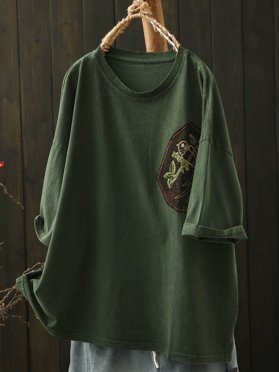 Women Summer Retro Embroidery O-Neck Cotton Shirt