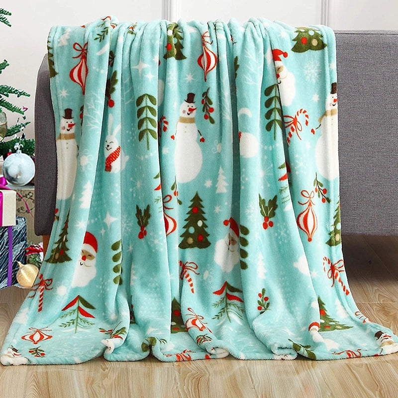 Christmas Cute Santa Claus Plaid Snowman Polyester Blanket Couch & Sofa Decor