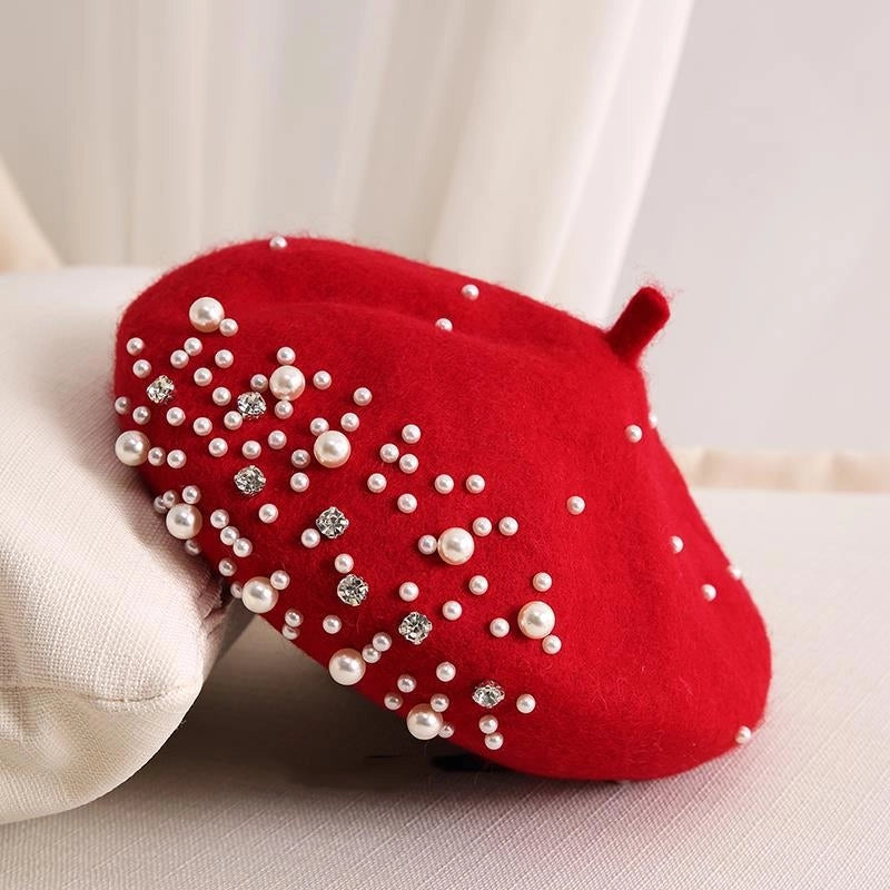 Style Pearl Rhinestone Wool Beret Women's Autumn And Winter British Style Retro Korean Style Japanese Style Western Style Painter Hat
