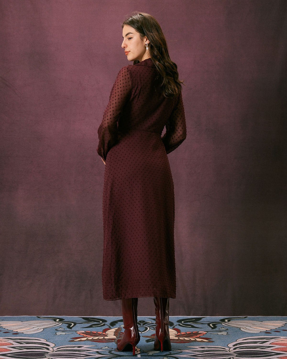 The Dark Red Lapel Dobby Mesh Maxi Dress