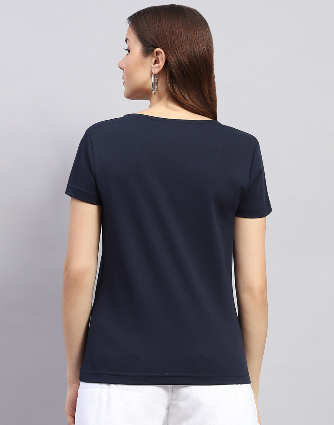 Women Navy Blue Printed Round Neck Half Sleeve Top