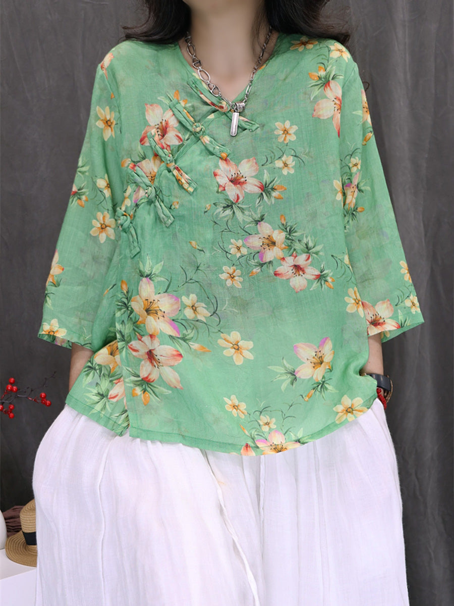 Women Summer Ethnic Flower 100%Ramie V-Neck Shirt