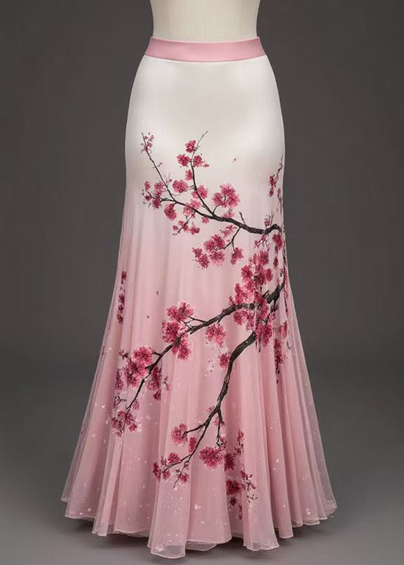 Art Pink Print High Waist Tulle Skirts Summer