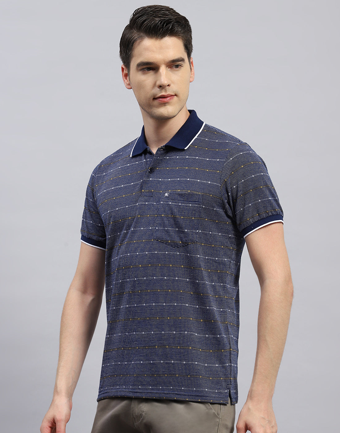 Men Navy Blue Stripe Polo Collar Half Sleeve T-Shirt