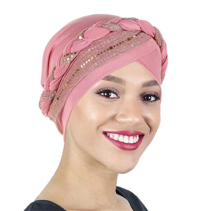 New Sequined Braid Hat Fashion Headscarf Hat Women's Travel Pullover Hat