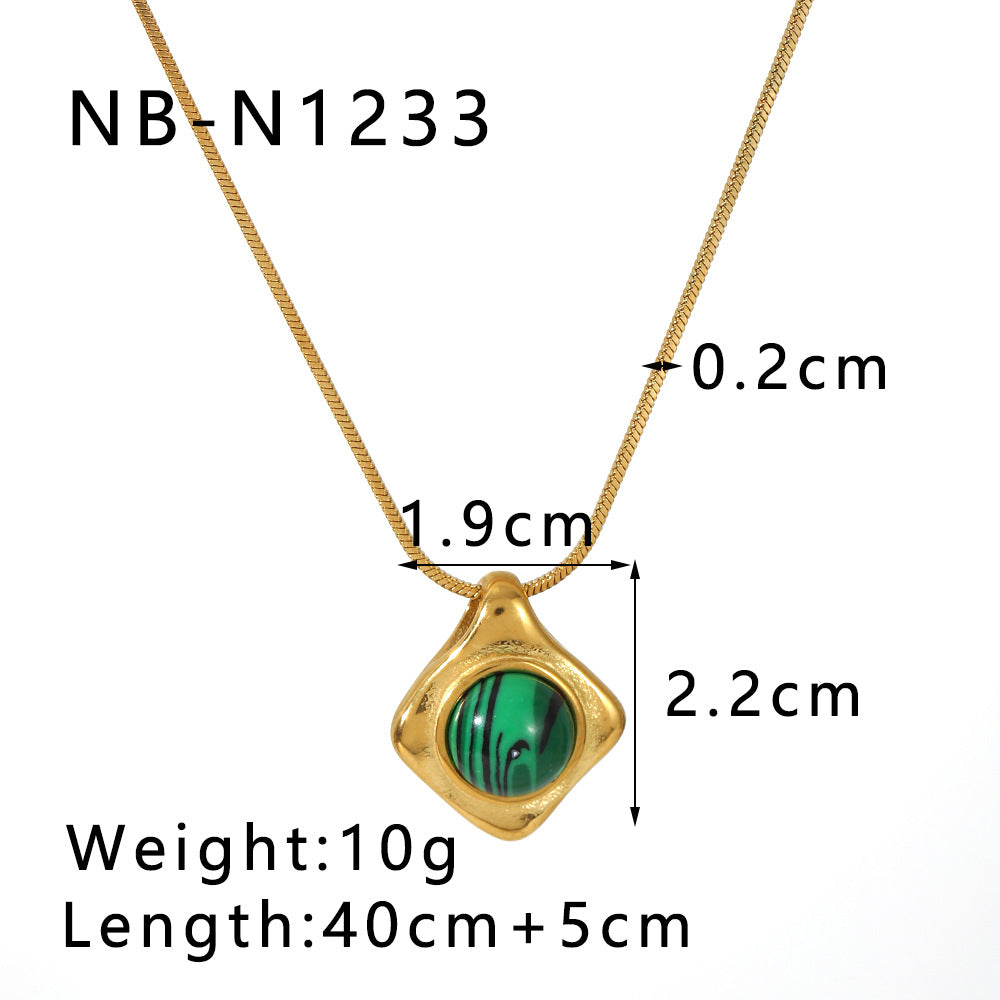 French Retro Style Tiger Eye Turquoise Natural Stone Pendant Necklace Stainless Steel 18K Gold Plated Clavicle Chain