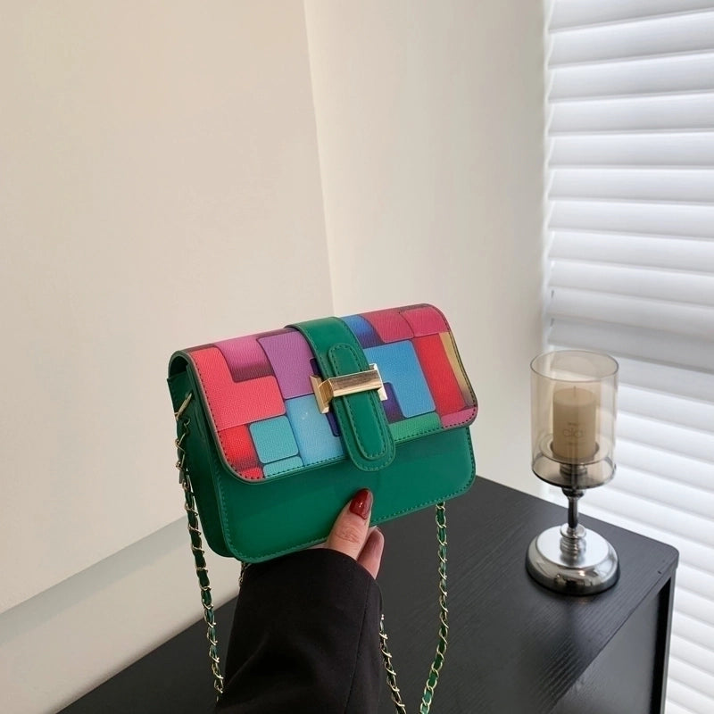 Women's Pu Leather Color Block Fashion Square Flip Cover Shoulder Bag Crossbody Bag