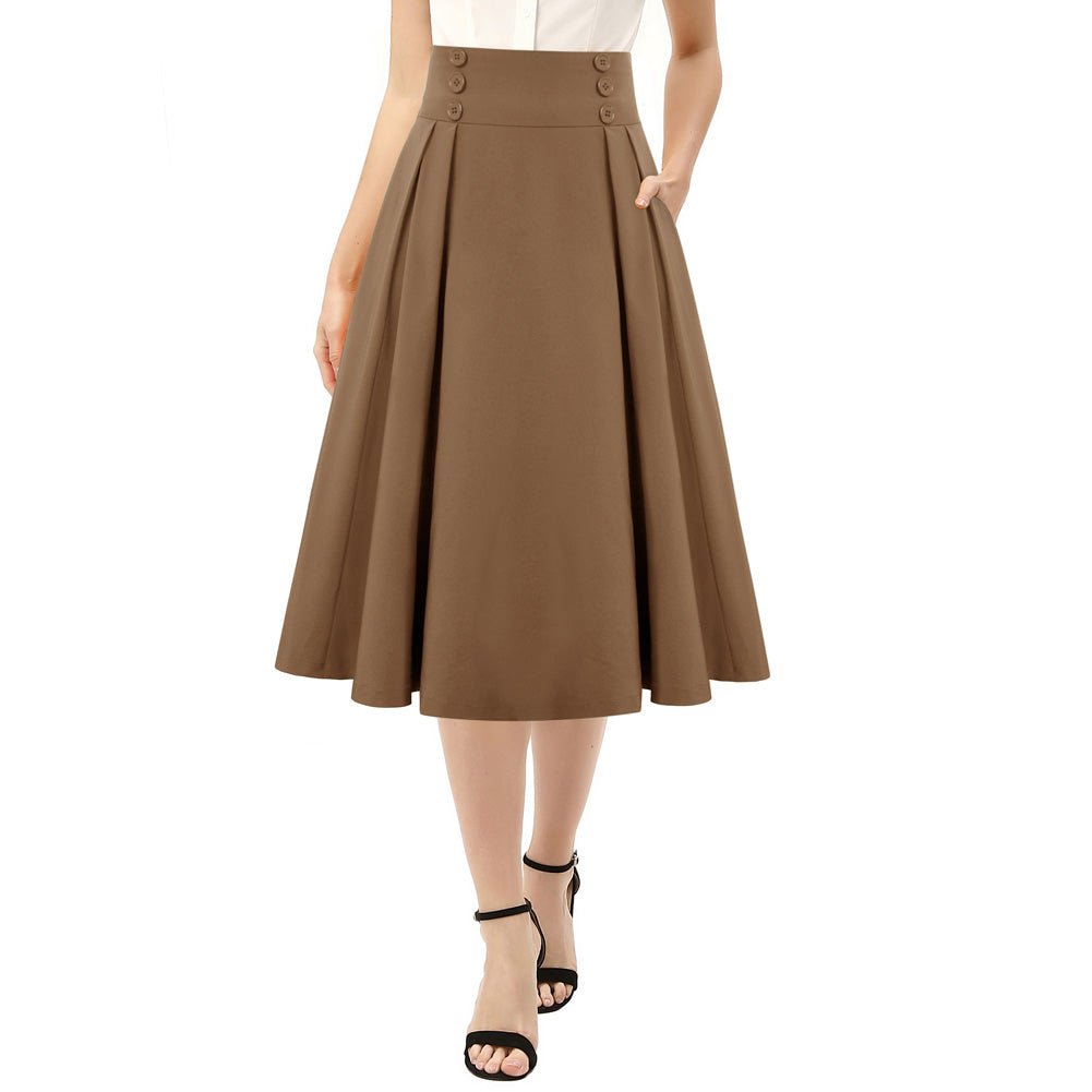 Leaf Patterns Pleated Buttons Decorated Elastic Waist High Waist Swing A-Line Skirt with Pockets