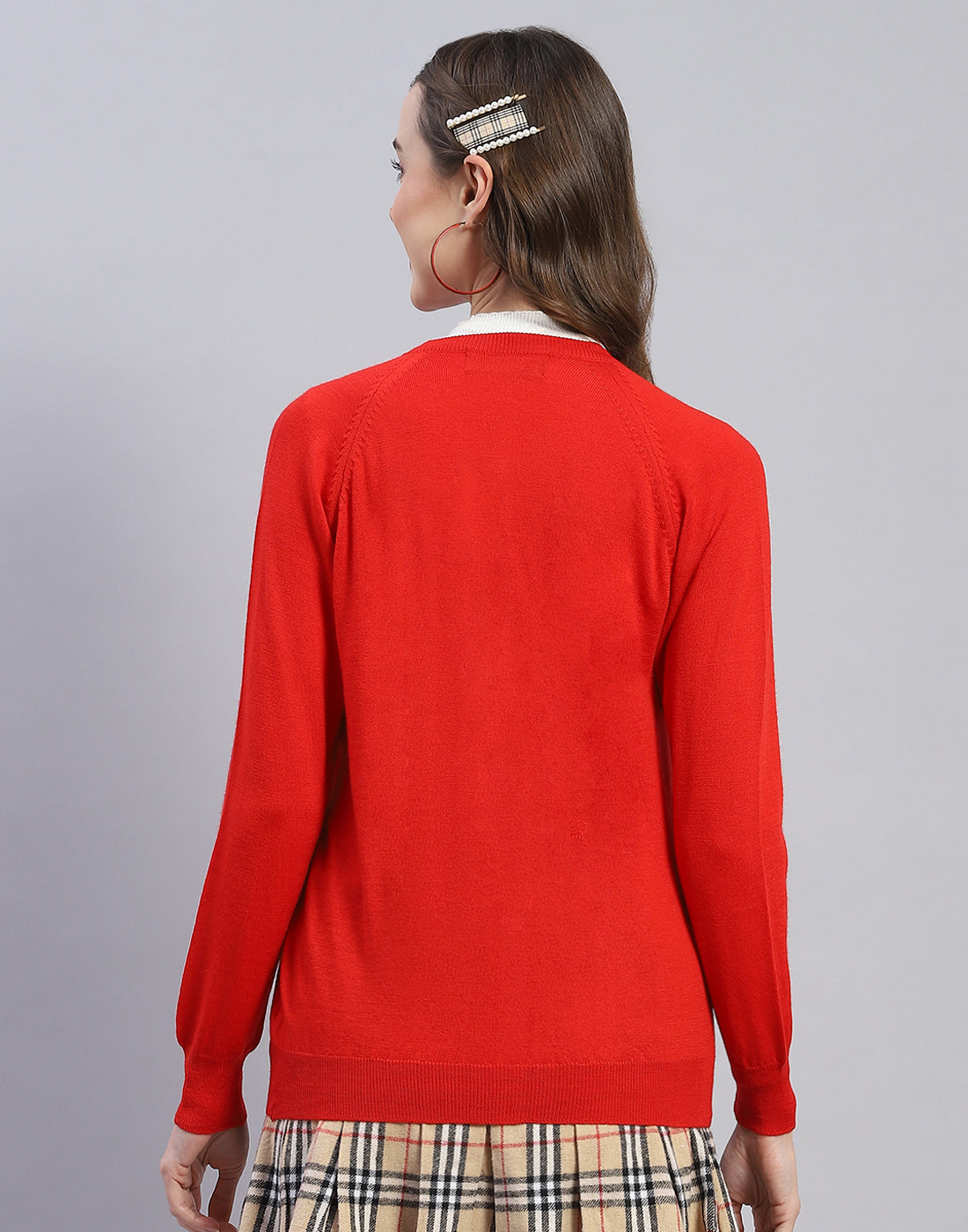 Women Red Solid Round Neck Full Sleeve Cardigan