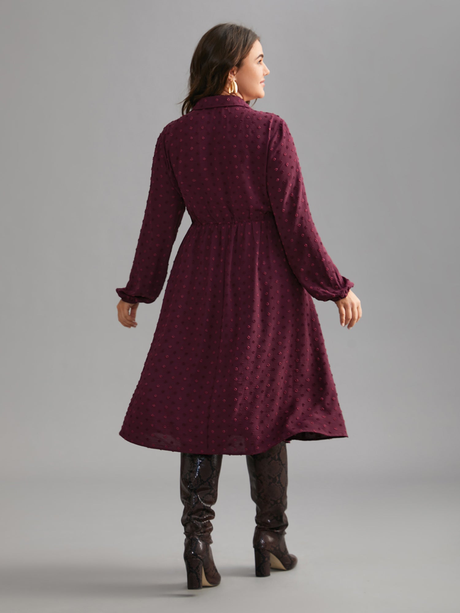 Textured Shirt Collar Button Front Midi Dress