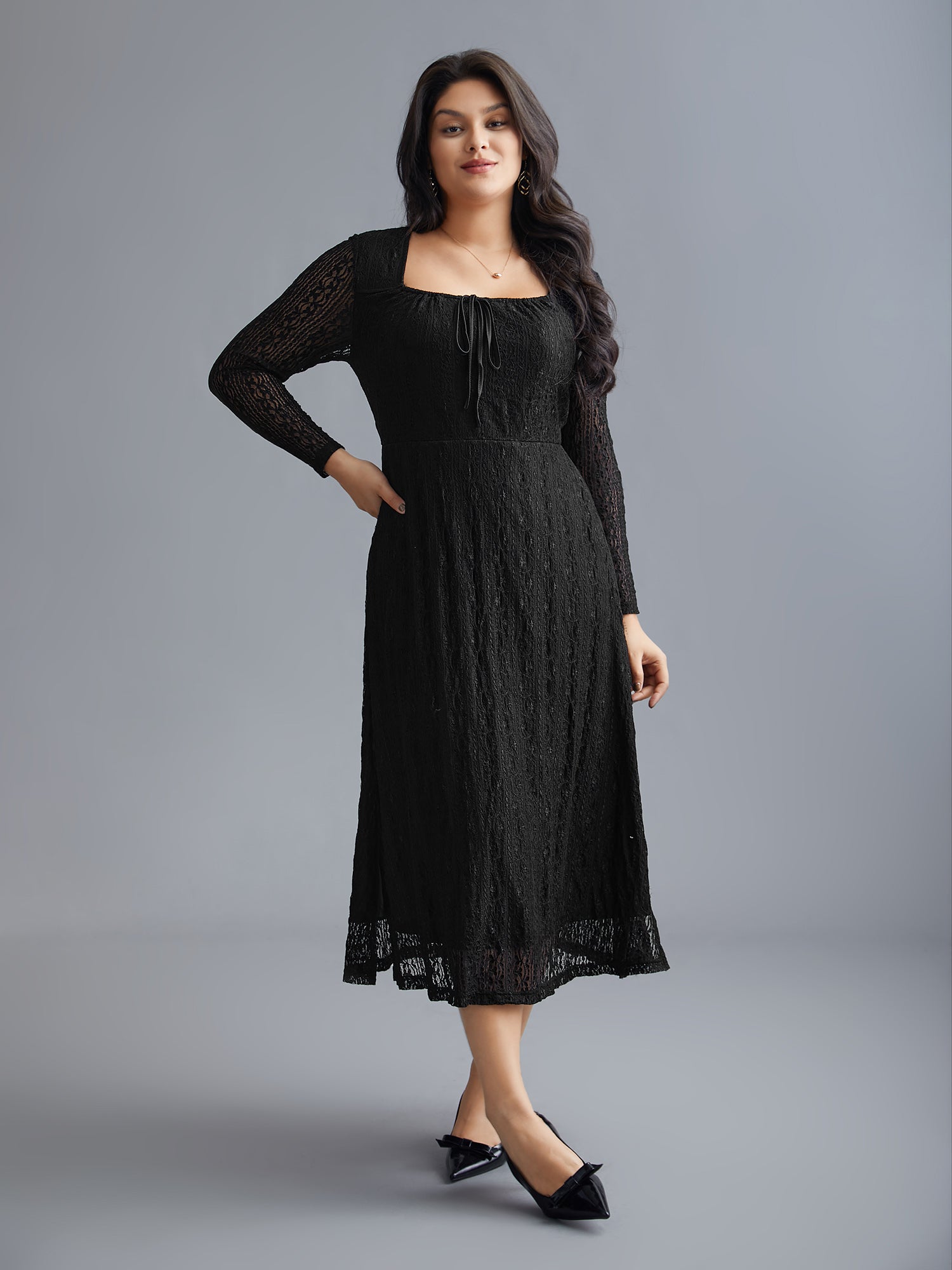 Lace Panel Square Neck Tie Knot Dress