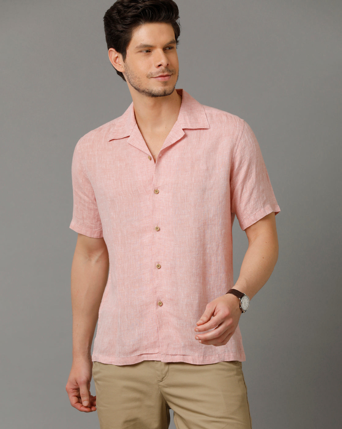 Mens Regular Fit Solid Red Casual Linen Shirt (LANE)