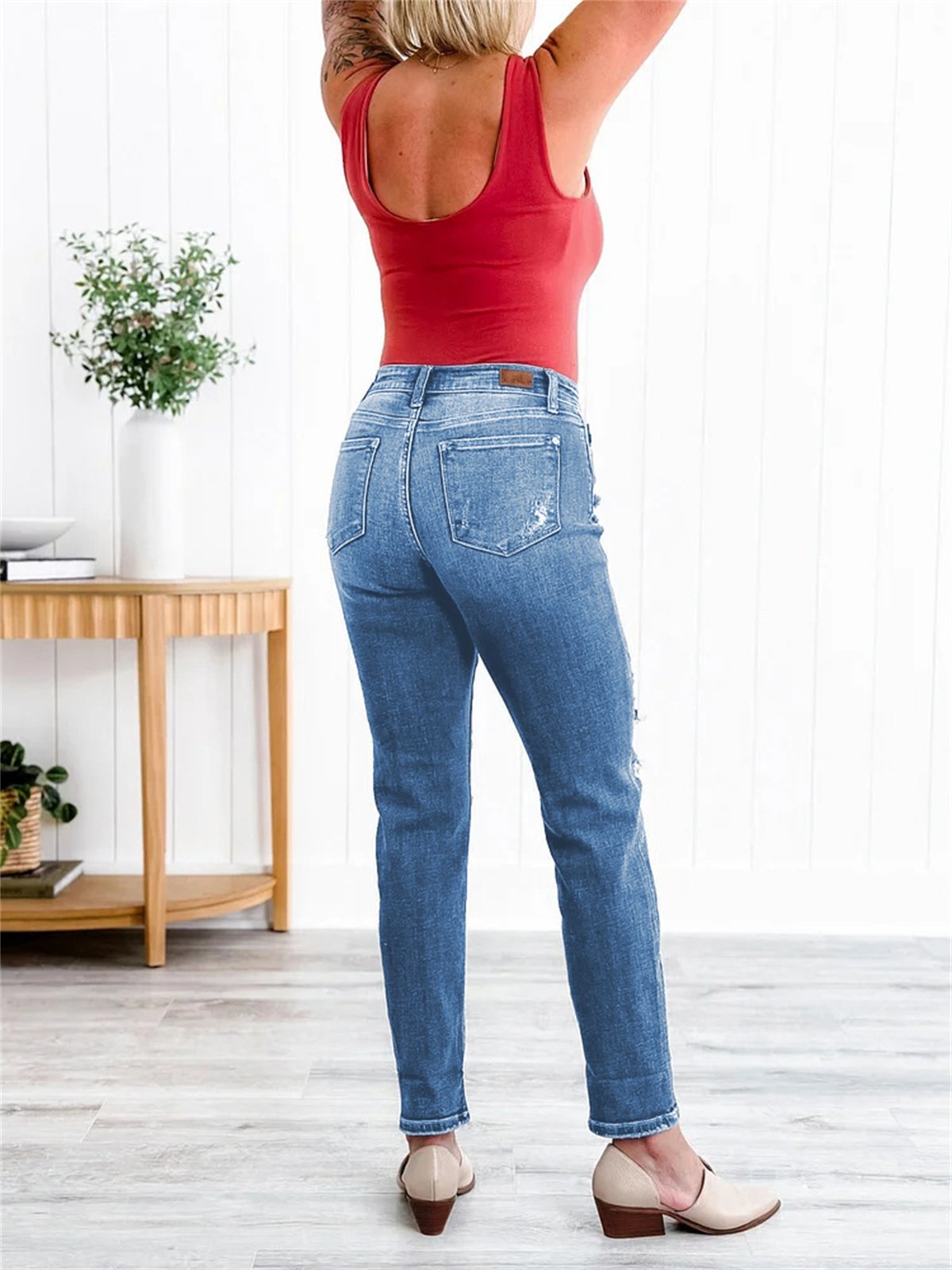 🔥Último Día 49% OFF: Jeans Estilo Boyfriend Con Puños Desgastados Y Control De Barriga