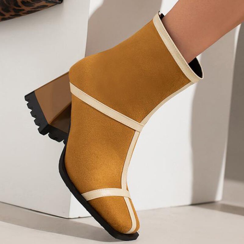 Contrast Binding Square Toe Chunky Heels Ankle Boots
