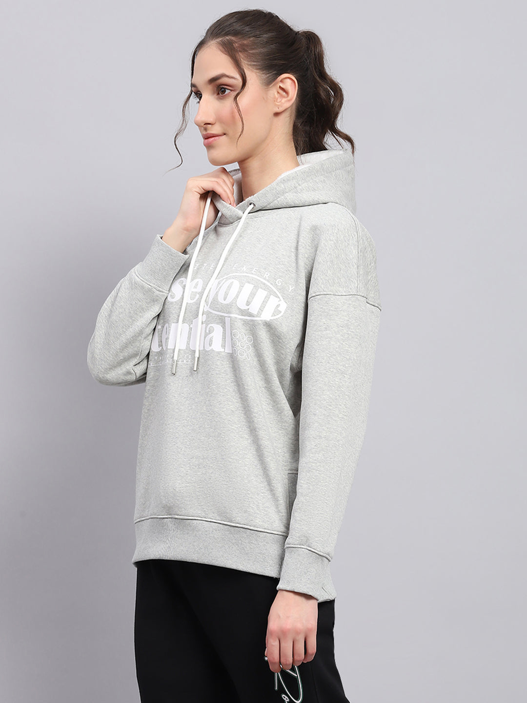 Women Grey Printed Hooded Full Sleeve Sweatshirt