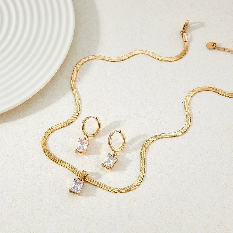 Fashion Square 304 Stainless Steel Zircon 16K Gold Plated White Gold Plated Gold Plated Inlay Stainless Steel Jewelry Sets