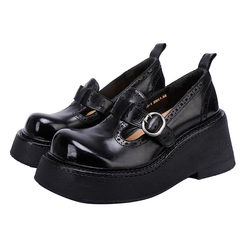 Brogue T-Strap 52mm Washed Cowhide Platform Mary Jane Shoes in Black/Coffee