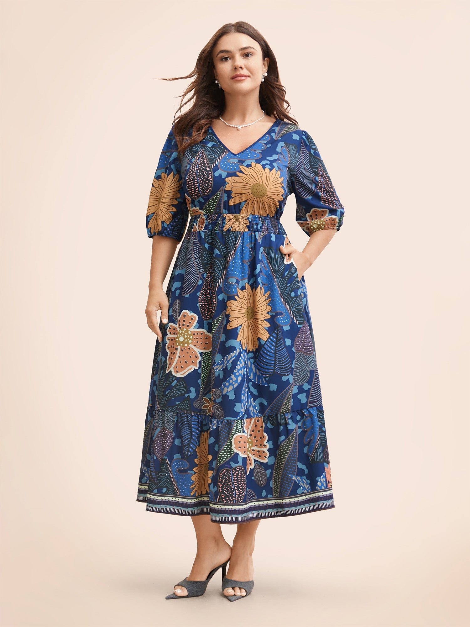 Floral Shirred Lantern Sleeve Midi Dress