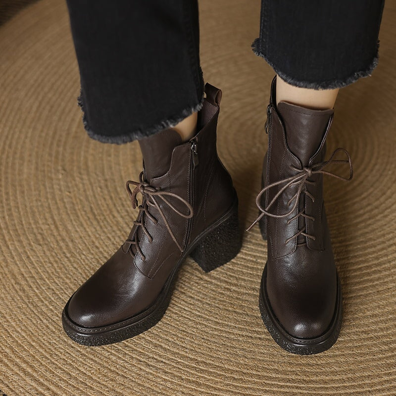 Retro 80mm Chunky Block Heel Lace-Up Combat Boots with Side Zipper Brown/Black