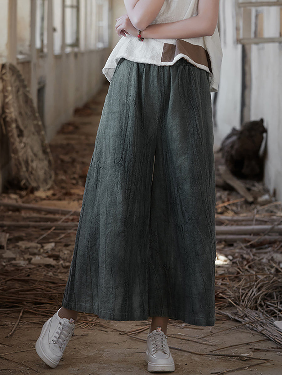 Women Vintage Summer Tie-dye Ramie Wide-leg Pants