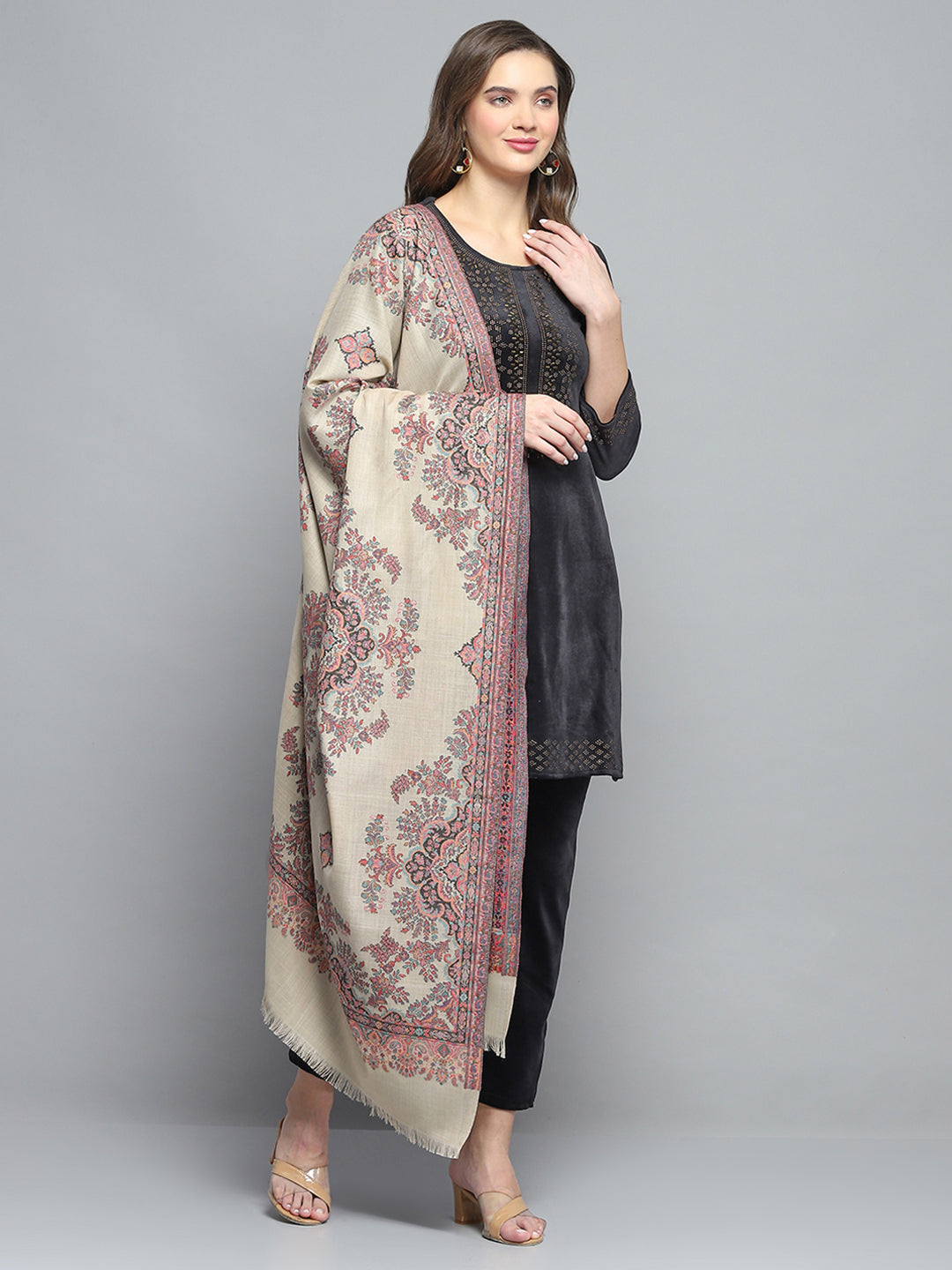 Women Beige Self Design Shawl