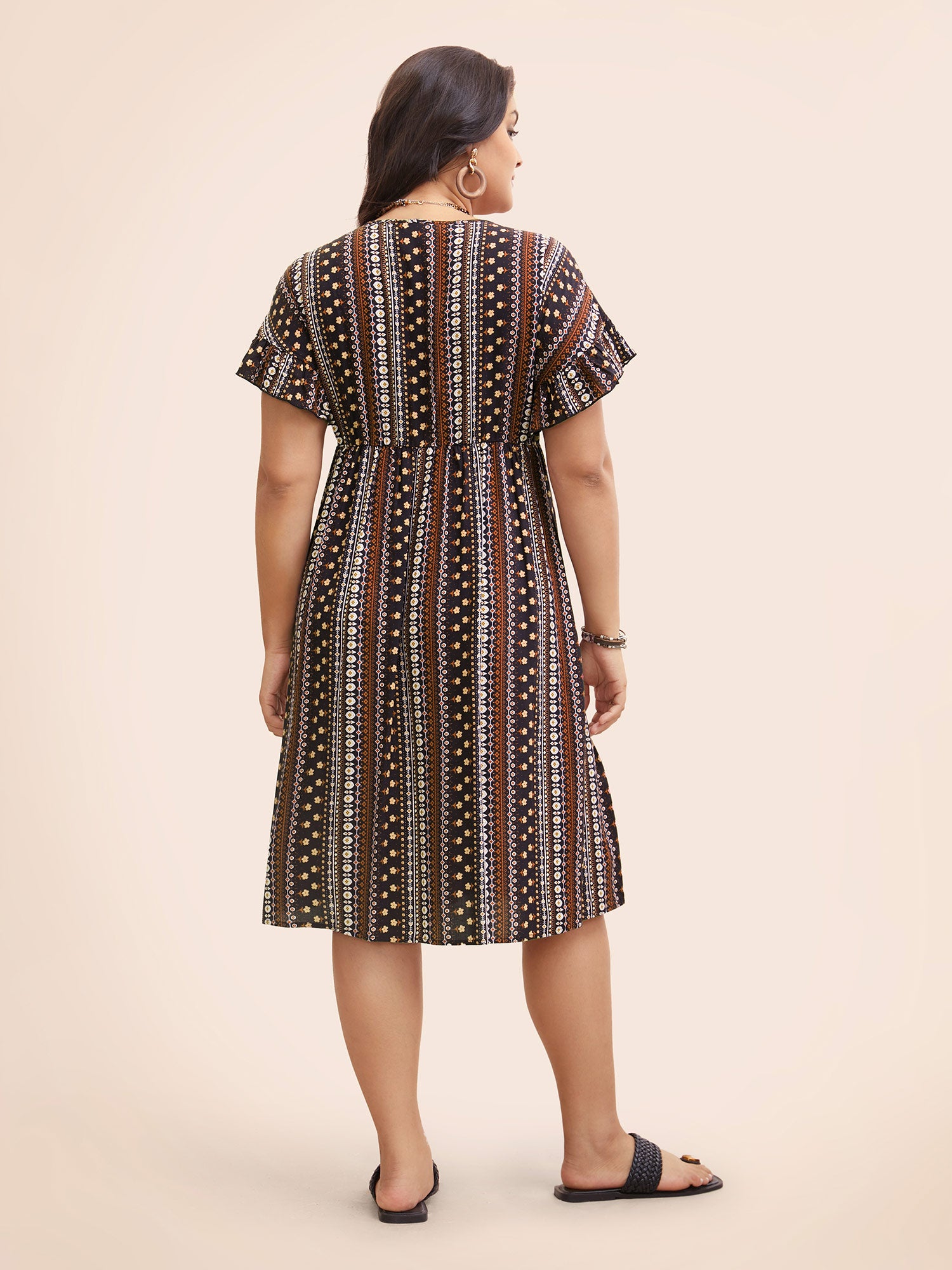 Bandana Print Pocket V Neck Ruffle Sleeve Dress