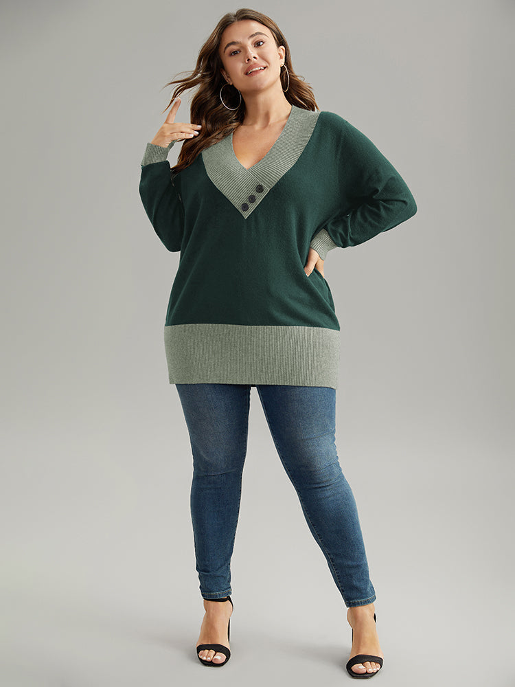 Supersoft Essentials Contrast Deep V Neck Button Detail Pullover