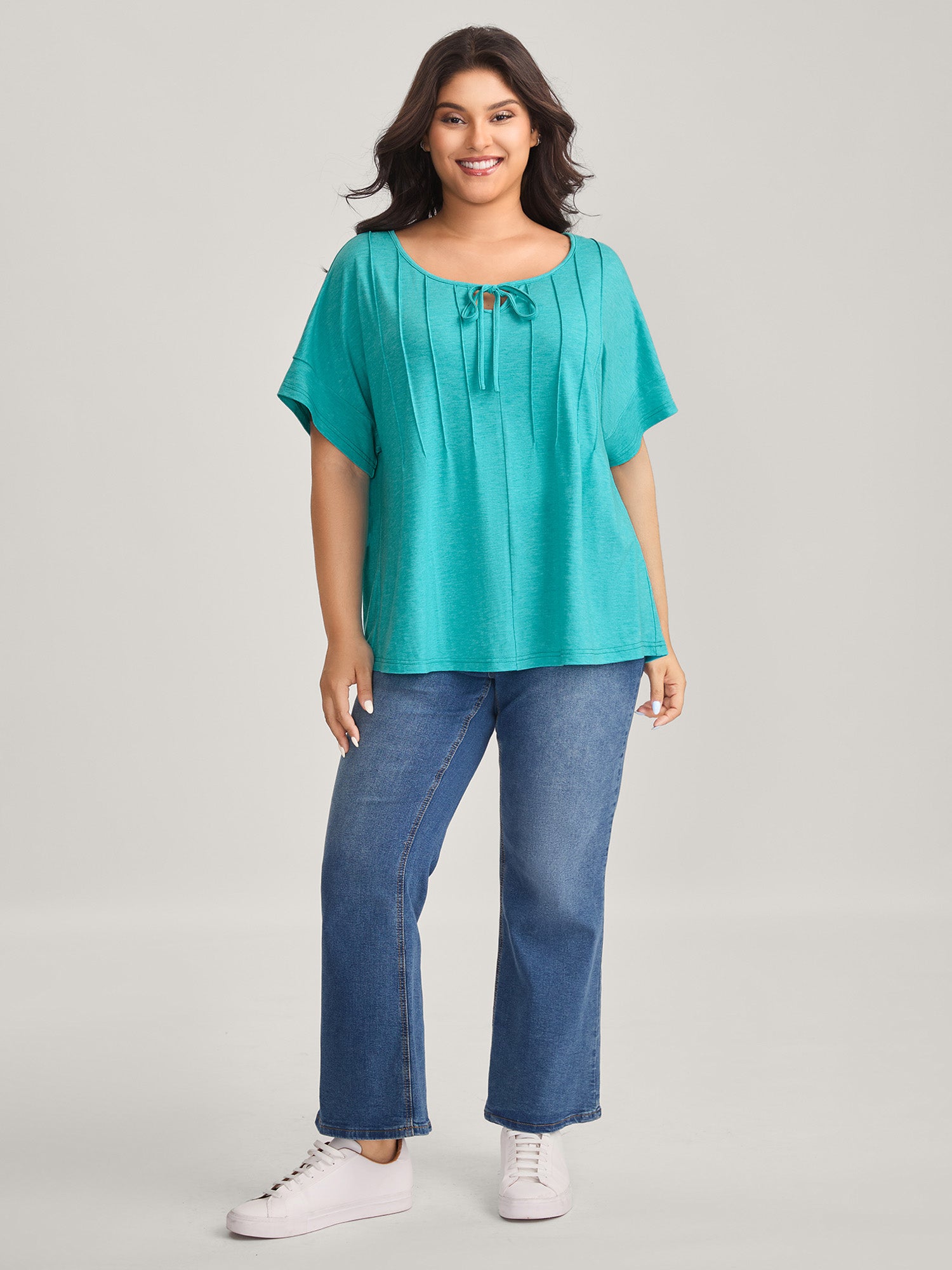 Pleated Neck-Tie Solid T-Shirt