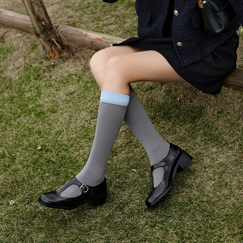 Handmade Retro Leather T Strap Mary Jane Shoes For Women Round Toe Black/Beige