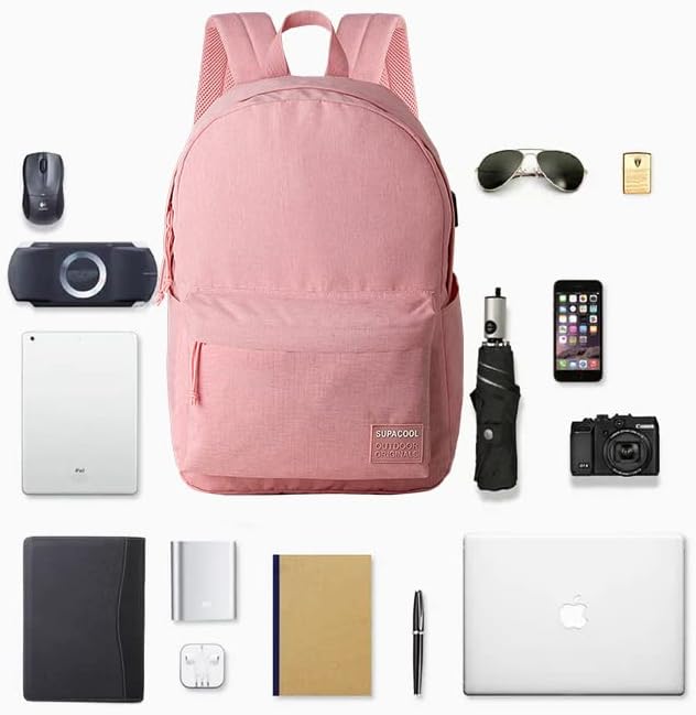SUPACOOL Casual Laptop Backpack for Men and Women, School Backpack for Boys and Girls, College Bookbag, USB Charging Port, Lightweight Back Pack(Black)