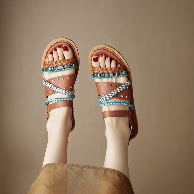 Fashion Woven Leather Roman Style Slingback Flat Sandals with Studs in Black/Brown/Beige