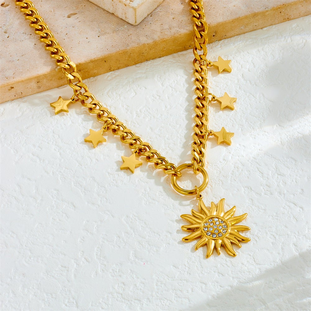 Neutral Style Stainless Steel Thick Chain Necklace Star Diamond Wing Sun Pendant Sweater Chain