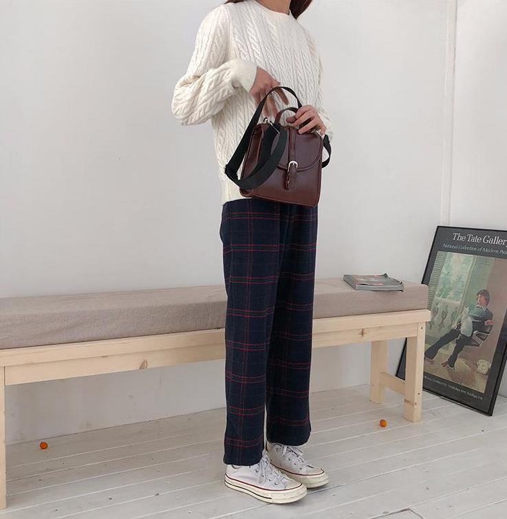Straight Plaid Cotton Trousers