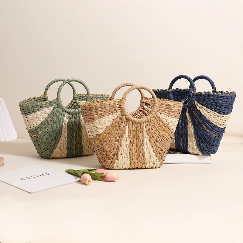 Women's Medium Straw Color Block Vacation Classic Style Weave Bucket Open Straw Bag