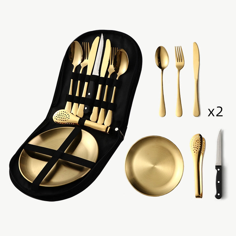 Outdoor Travel Stainless Steel Tableware Camping Picnic Barbecue Plate Clip Steak Knife. Fork And Spoon Suit Portable Storage Bag