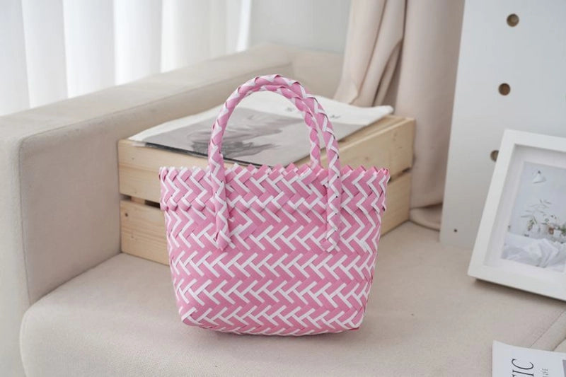 Women's Small PVC Stripe Bow Knot Cute Weave Square Open Handbag