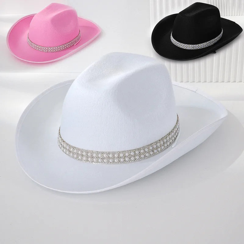 Explosions Solid Color Double Row Pearl Decorated Rhinestone Cowboy Hat. Bosnian Style Party Wear
