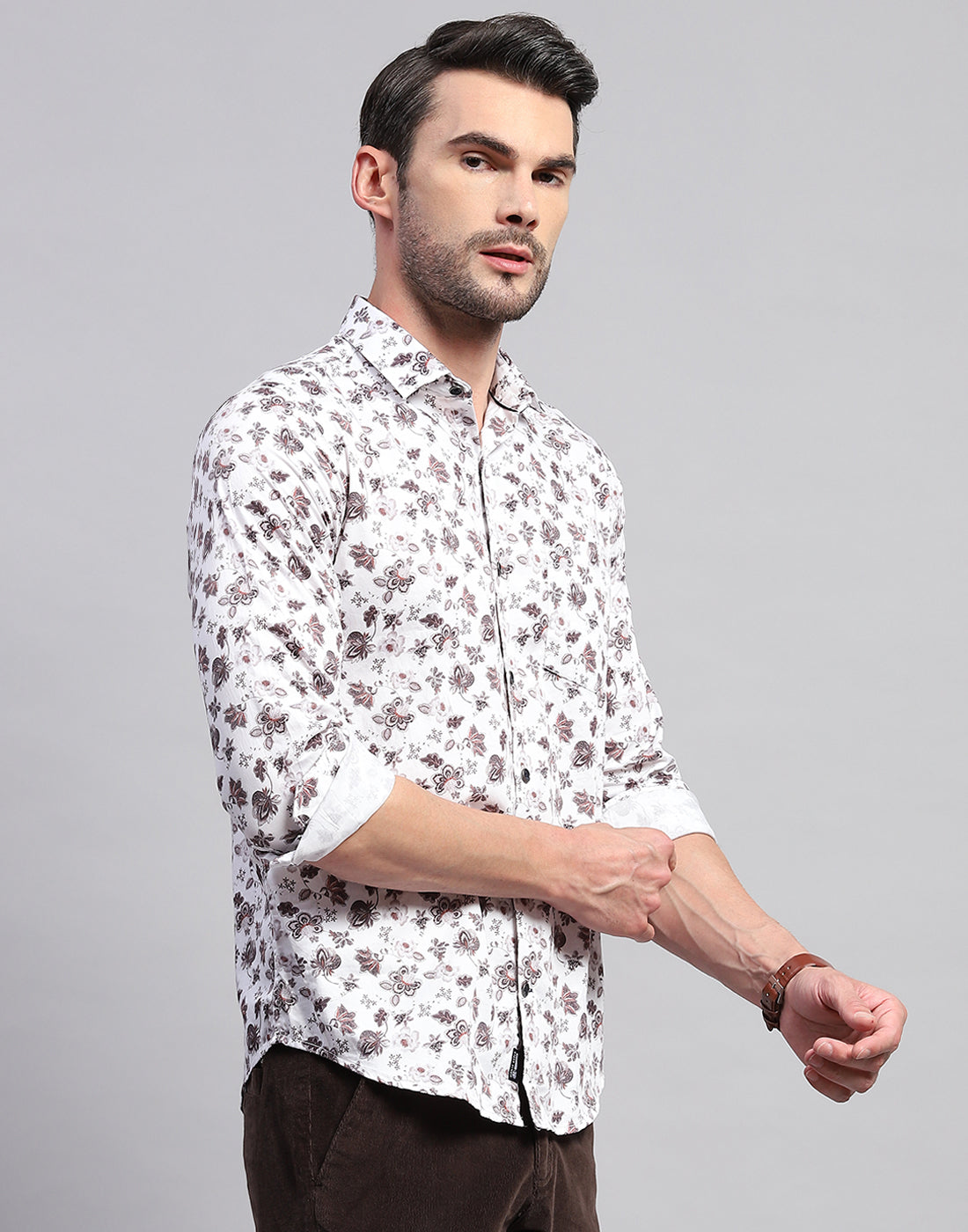 Men Off White Floral Print Collar Neck Full Sleeve Shirt