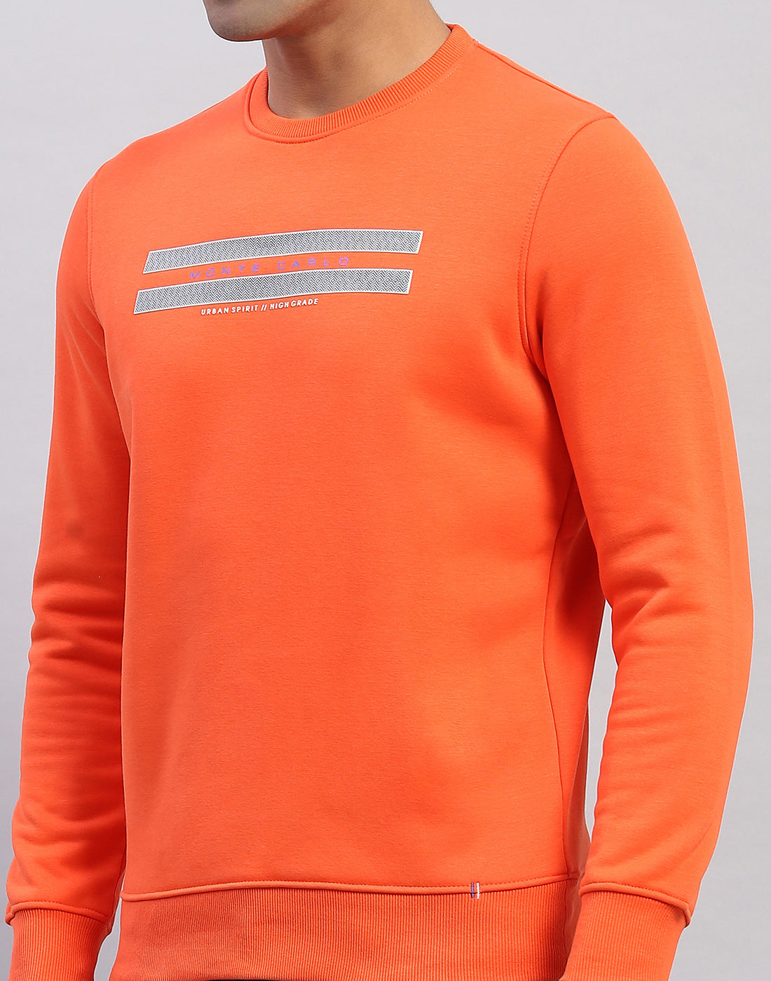 Men Orange Printed Round Neck Full Sleeve Sweatshirt