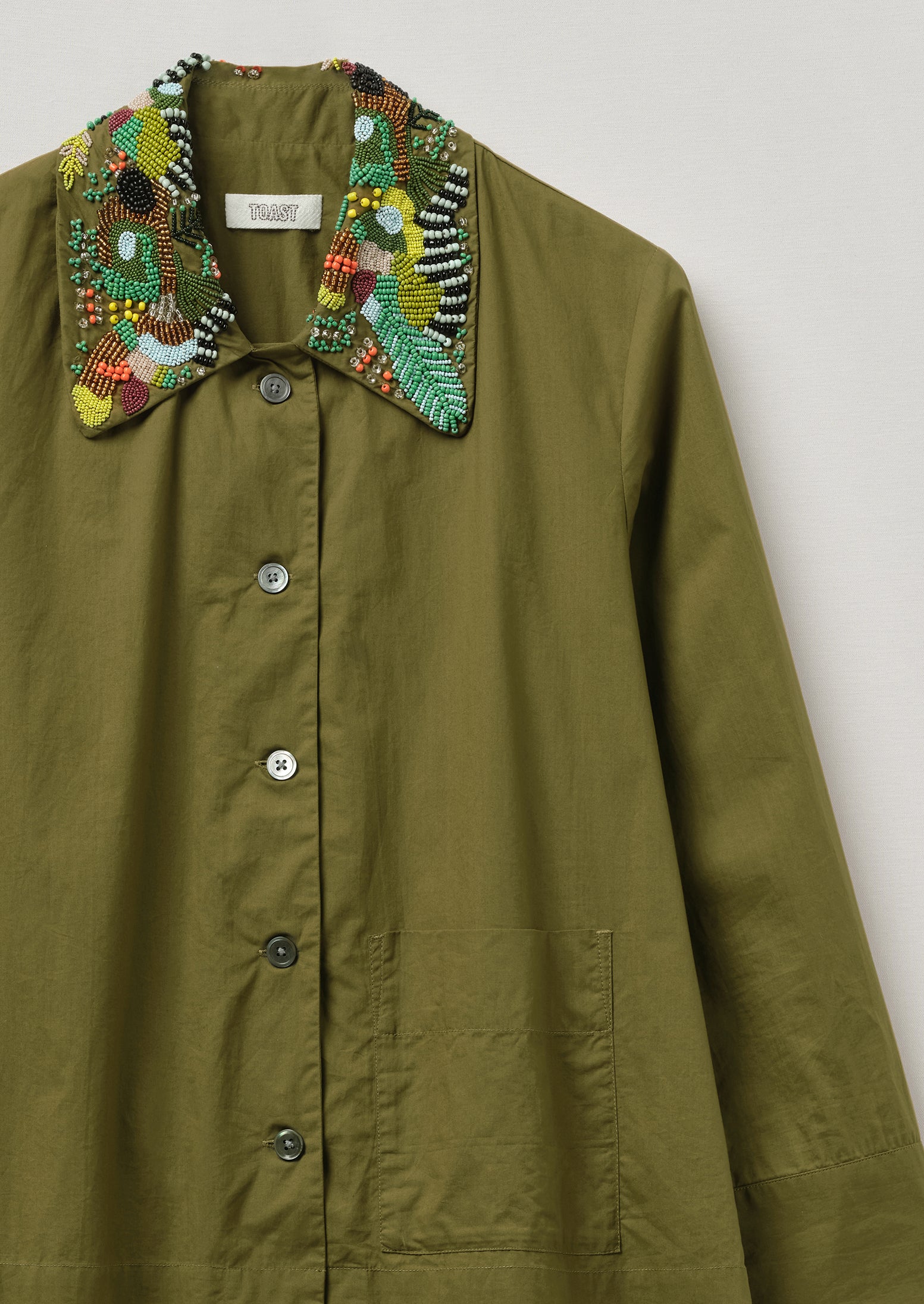 Hand Beaded Poplin PJ Shirt | Rich Olive