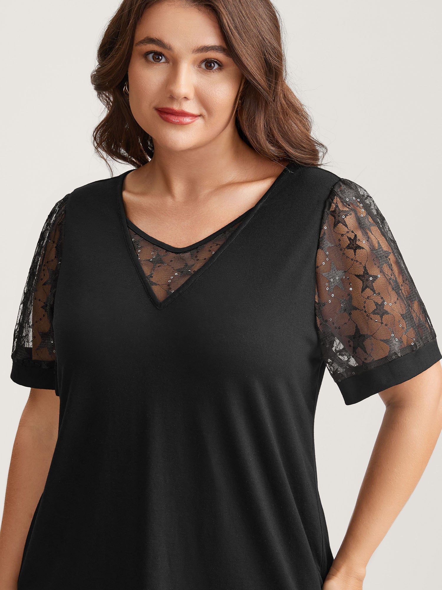 Beaded Mesh Sheer Patchwork T-Shirt