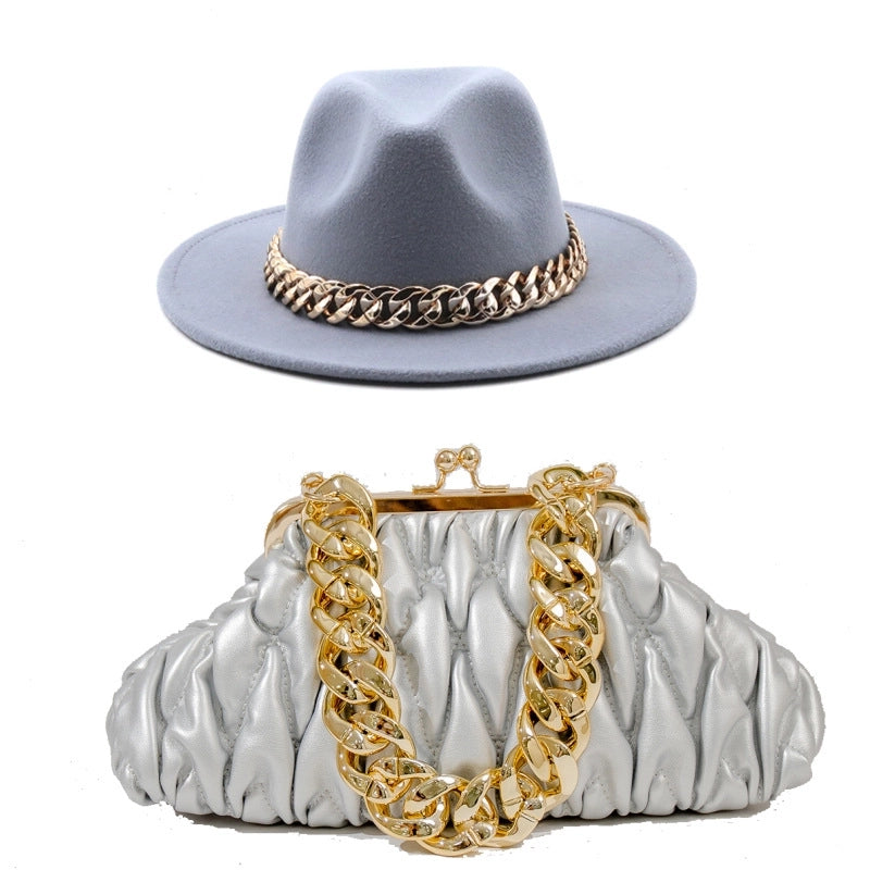 Women's British Style Solid Color Chain Flat Eaves Fedora Hat