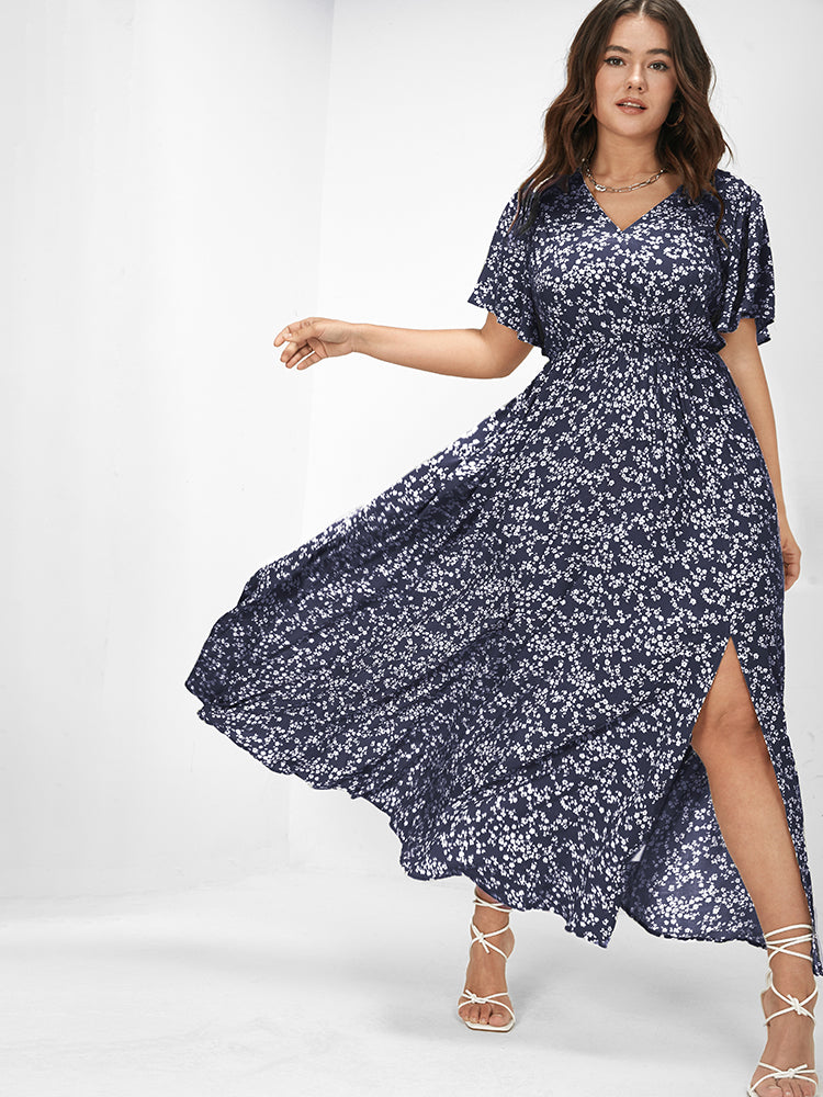 Bloom Dress - Flutter Sleeve Ditsy Floral Bag Split Maxi Dress