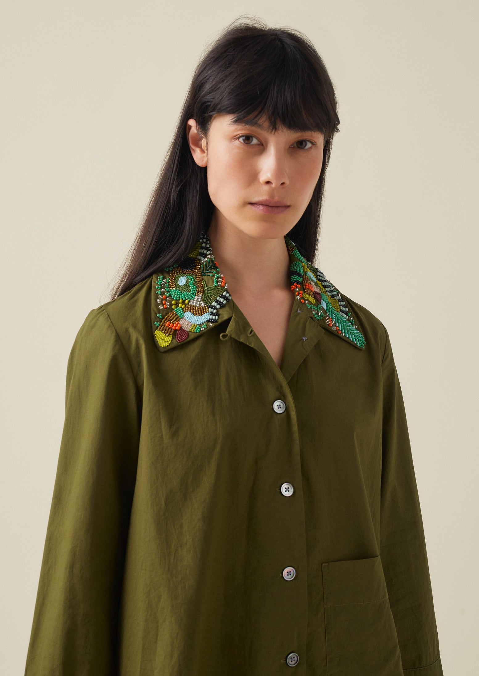 Hand Beaded Poplin PJ Shirt | Rich Olive
