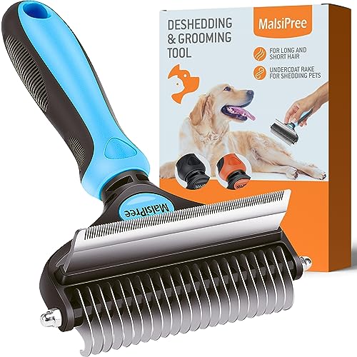 MalsiPree Dog Grooming Brush for Shedding - 2 in 1 Deshedding Tool and Undercoat Rake for Long and Short Haired Dogs with Double Coat - Dematting Comb and Pet Hair Deshedder Supplies (Large. Blue)