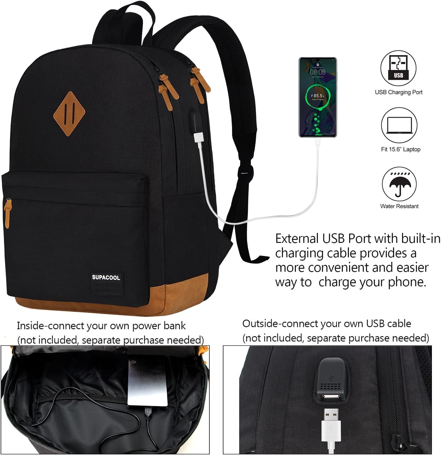 SUPACOOL Casual Laptop Backpack for Men and Women, School Backpack for Boys and Girls, College Bookbag, USB Charging Port, Lightweight Back Pack(Black)